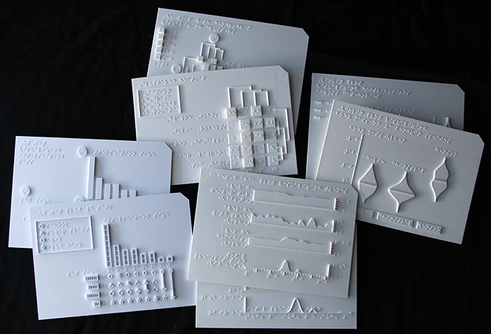 A photo of eight 3D-printed tactile charts from our design iteration. There are four chart types—UpSet plots, clustered heatmaps, violin plots, and faceted line charts—with two design variations for each type.